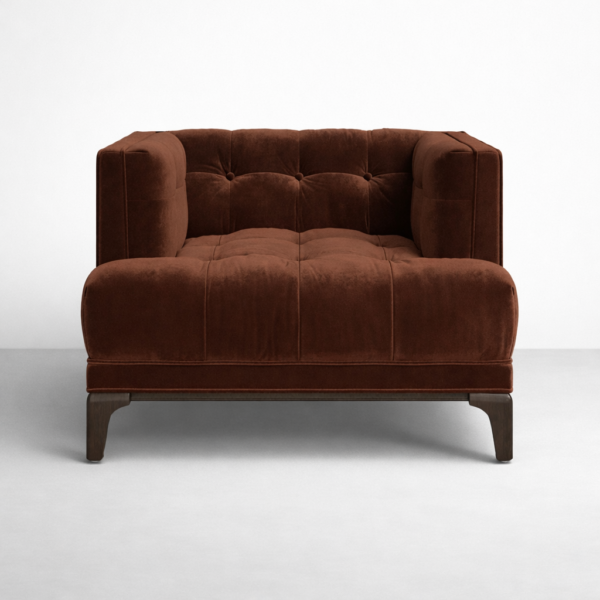 tufted velvet lounge chair in rust brown front view