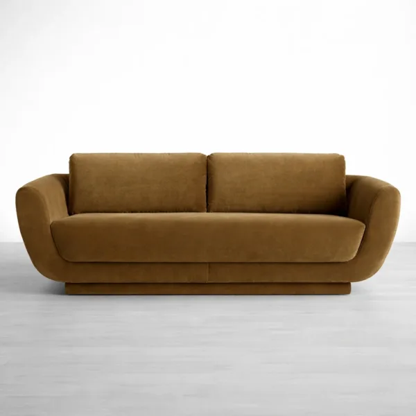 Front view of teakwood brown sofa 3 seater with two back cushions and curved arms