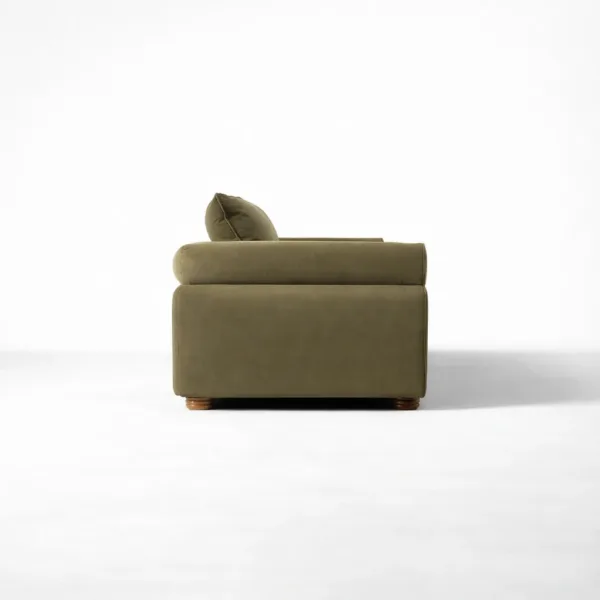 Side view olive green 3 seater sofa with walnut legs INTERIORZE Alder
