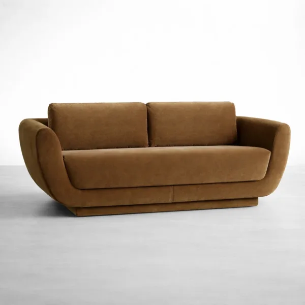 Teakwood brown sofa 3 seater front angle view with curved arms and deep seat