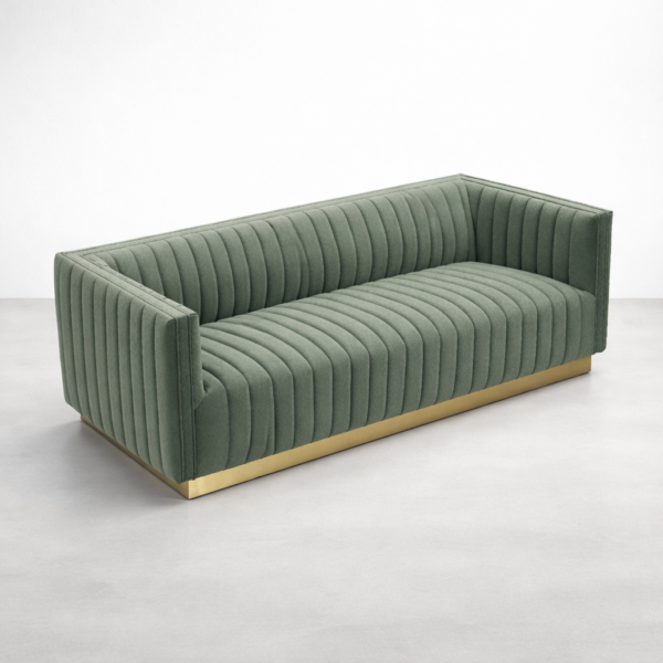 Interiorze green velvet channel tufted sofa modern three seater