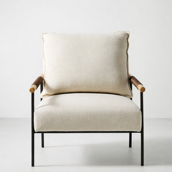 Beige fabric teakwood lounge chair with natural wood armrests front view