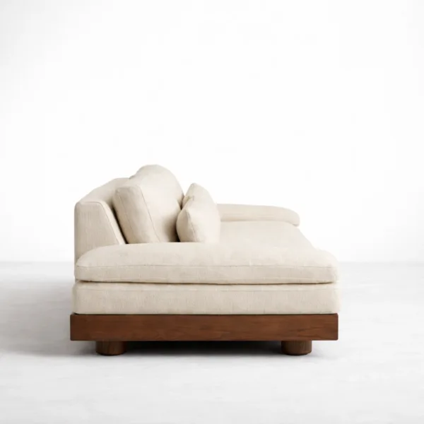Ivory boucle sofa side view with teakwood base INTERIORZE TeakLounge