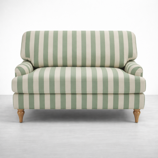 Front view of INTERIORZE Green Striped Loveseat sofa with sage green and cream vertical stripes