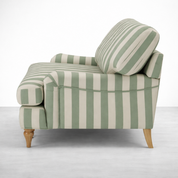 Side view of INTERIORZE Green Striped Loveseat with sage green and cream vertical stripes and wooden legs