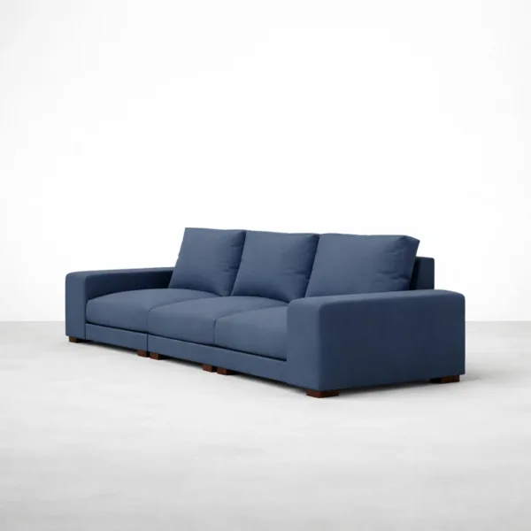 Front angled right view of INTERIORZE Vihaan navy blue deep 3 seater sofa with hardwood block feet