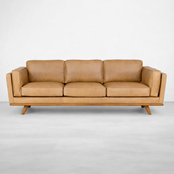 Mid-century tan leather 3 seater sofa by INTERIORZE front view