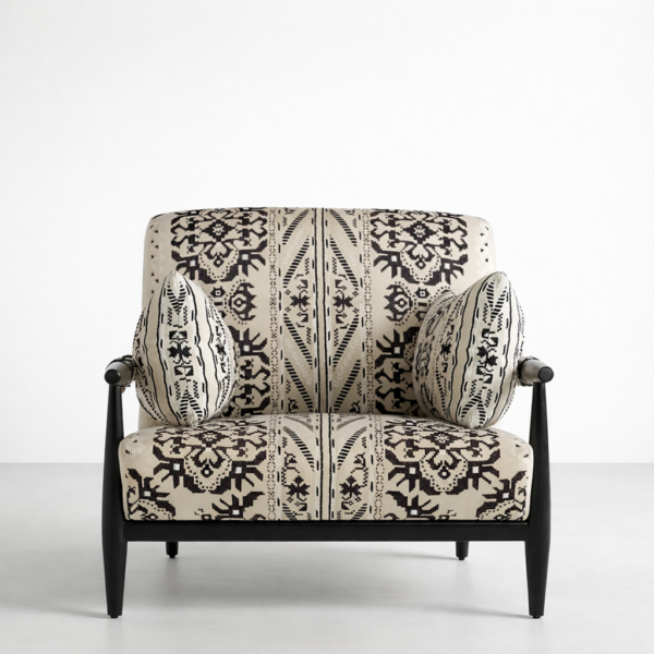 Teakwood accent chair with tribal print fabric and black frame