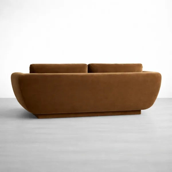 Back view of teakwood brown sofa showing clean upholstered back and low base
