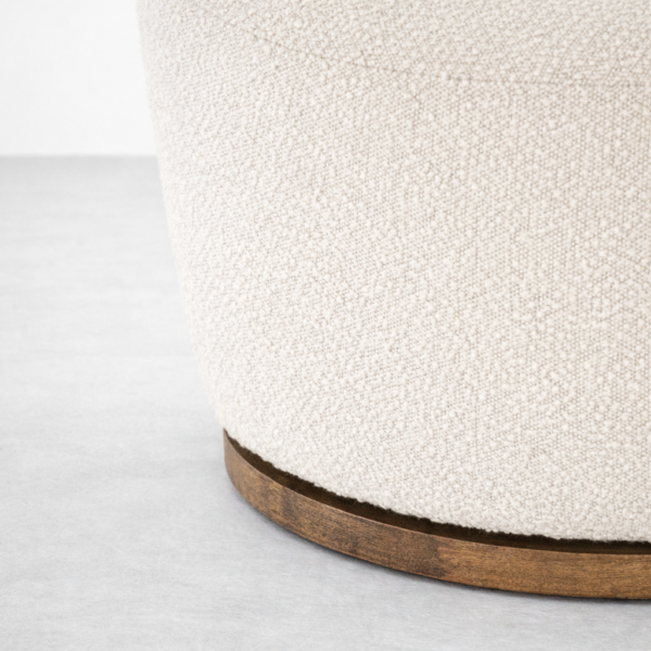 boucle swivel chair teakwood base detail walnut brown matte finish