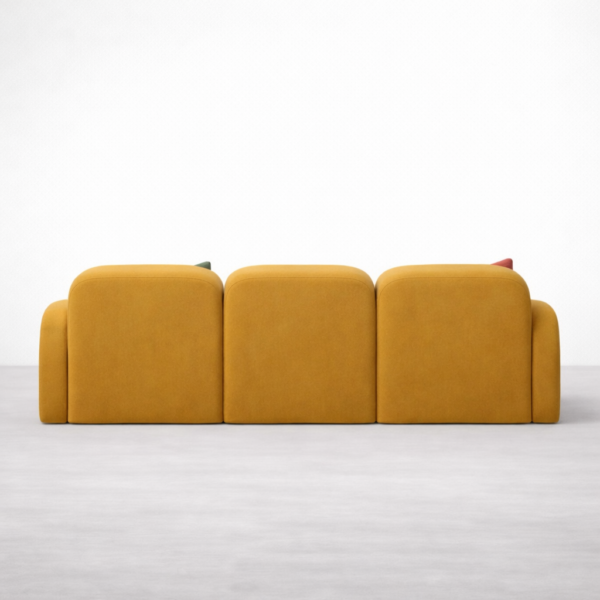 Back view of INTERIORZE Navya mustard yellow modular 3 seater sofa with three rounded back panels