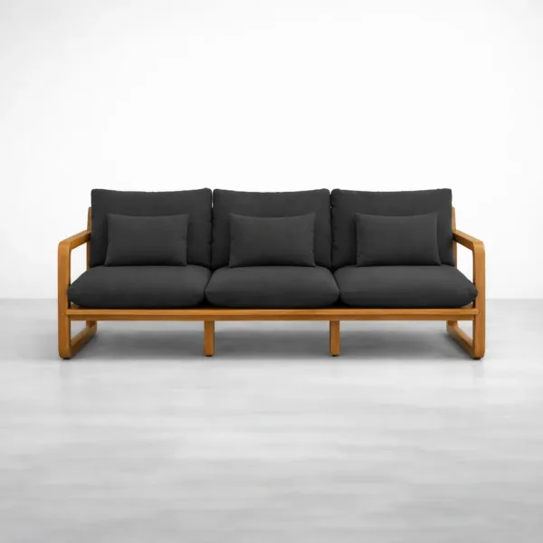 Front view black teak wood sofa 3 seater with charcoal cushions INTERIORZE Nero