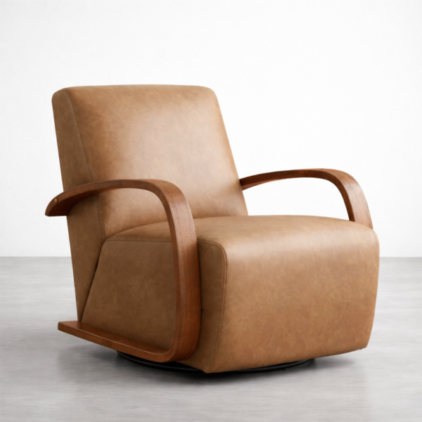 tan leather swivel armchair angle view