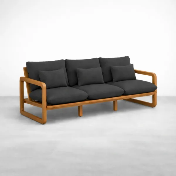 Black teak wood sofa angle view with charcoal cushions INTERIORZE Nero