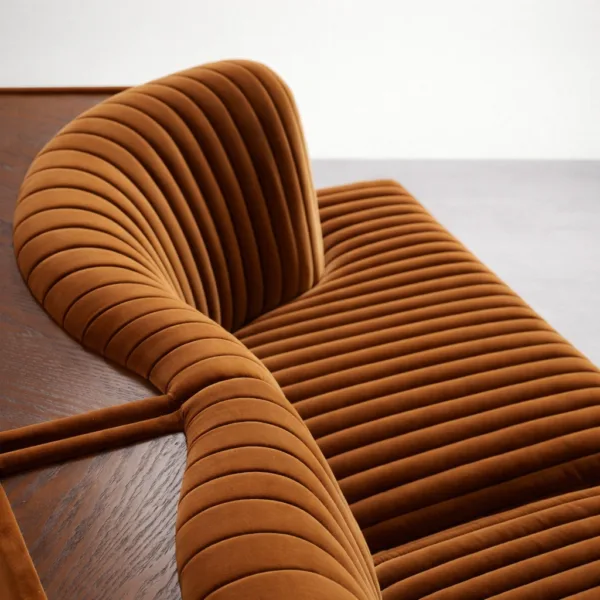 Close-up of caramel velvet sofa channel tufting and rear wooden tray detail