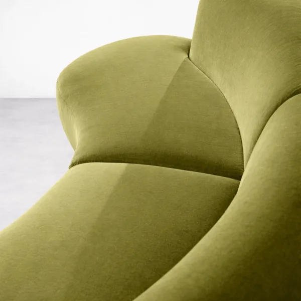 Close up of seat and back detail on INTERIORZE Nysa olive green curved 3 seater sofa