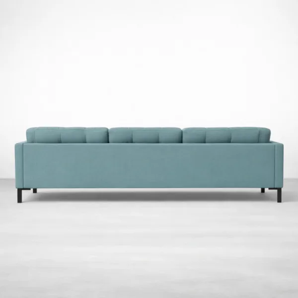 Back view of INTERIORZE Reyaan blue 3 seater sofa with clean upholstered back and metal legs