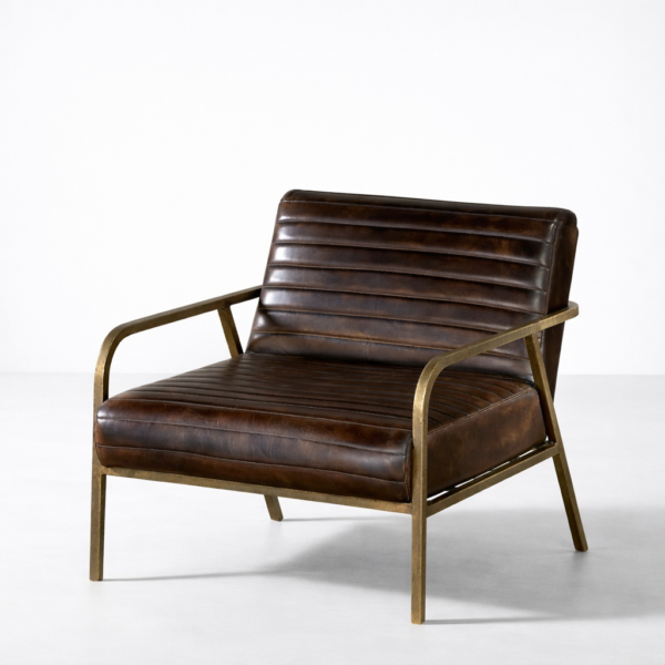 Brown leather lounge chair with channel stitching and antique brass frame, front view