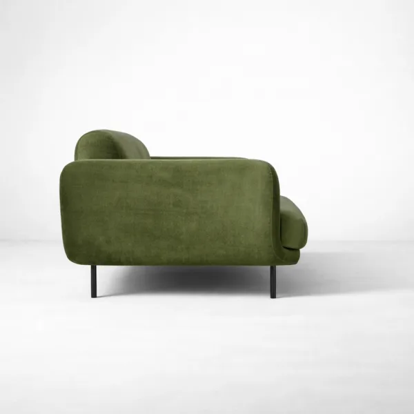Olive green 3 seater sofa side view with metal legs INTERIORZE Arlo