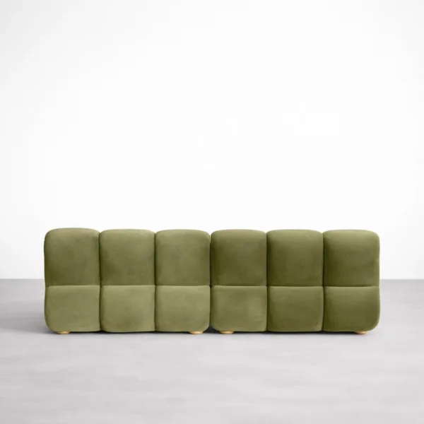 Back view of teakwood green sofa with clean modular upholstered back