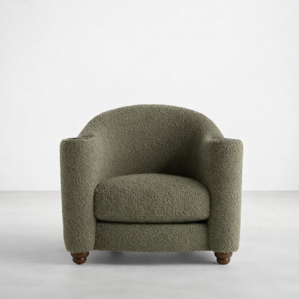 Front view of olive green boucle lounge chair with deep round seat