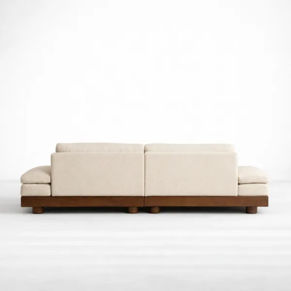 Ivory boucle modular sofa back view with teakwood base INTERIORZE TeakLounge