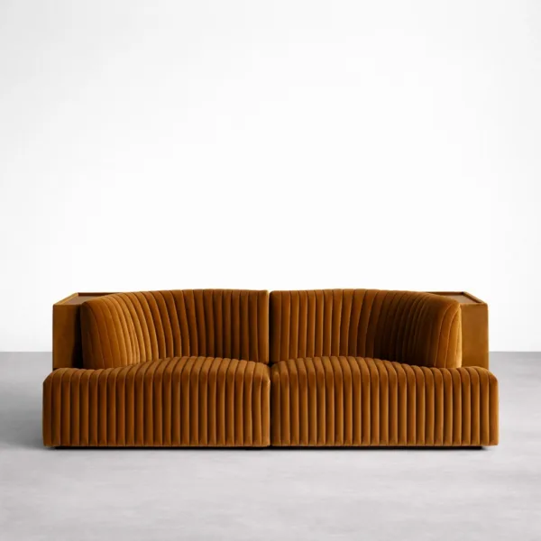 Front view of teakwood velvet sofa in caramel brown with channel tufted upholstery