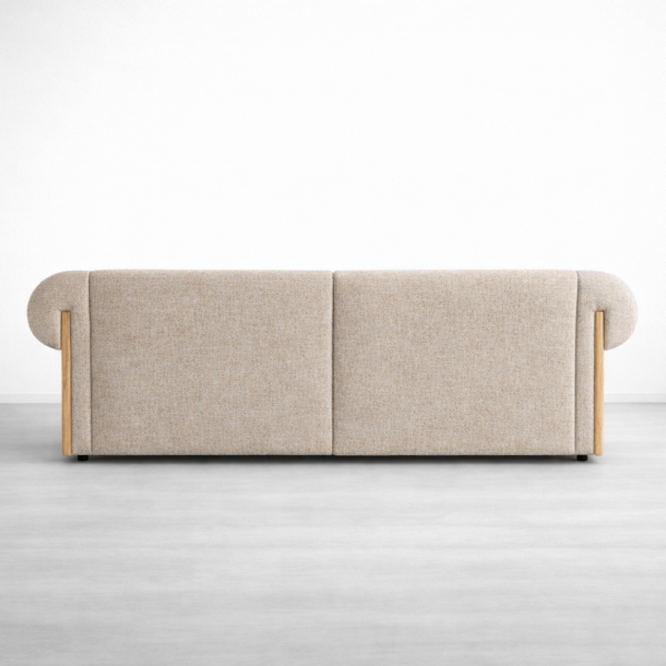 Back view of beige fabric sofa with ash wood frame by INTERIORZE