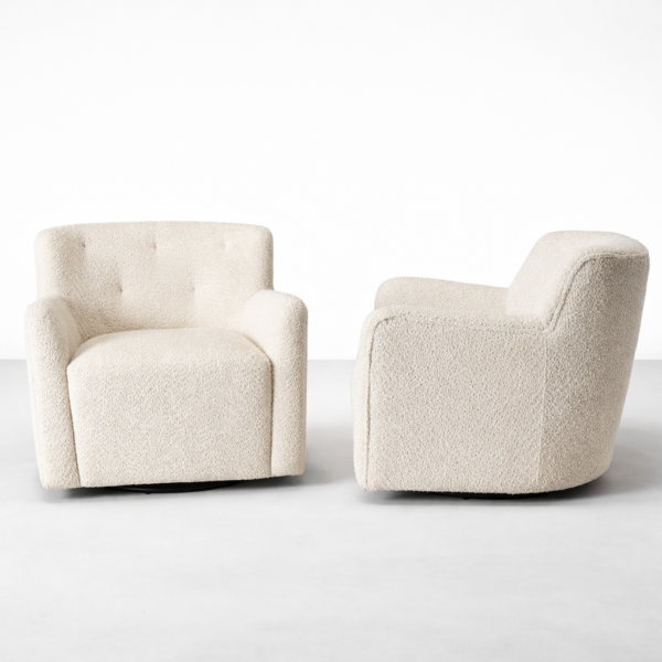boucle swivel armchair side view with swivel base