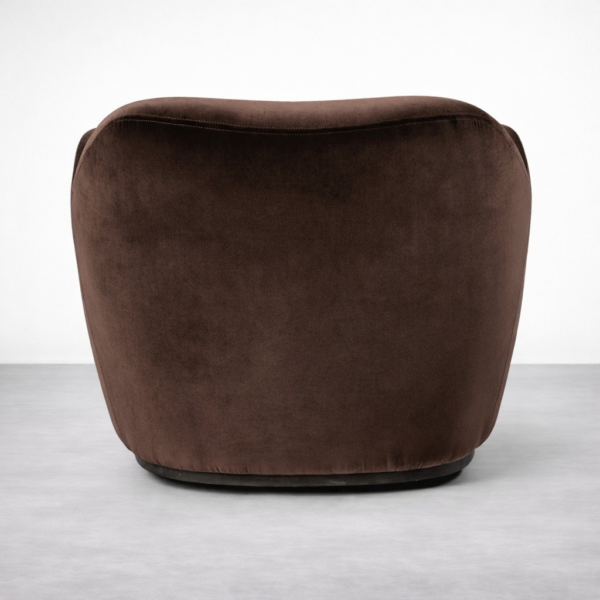 brown velvet accent chair back view with curved backrest