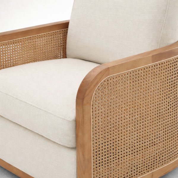 Close up of panel rattan and teakwood frame on INTERIORZE Arlo rattan accent chair