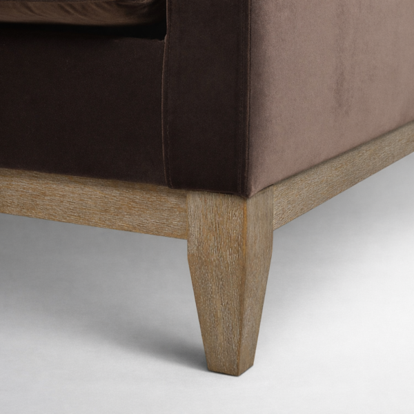 teak wood velvet armchair teakwood base and leg detail