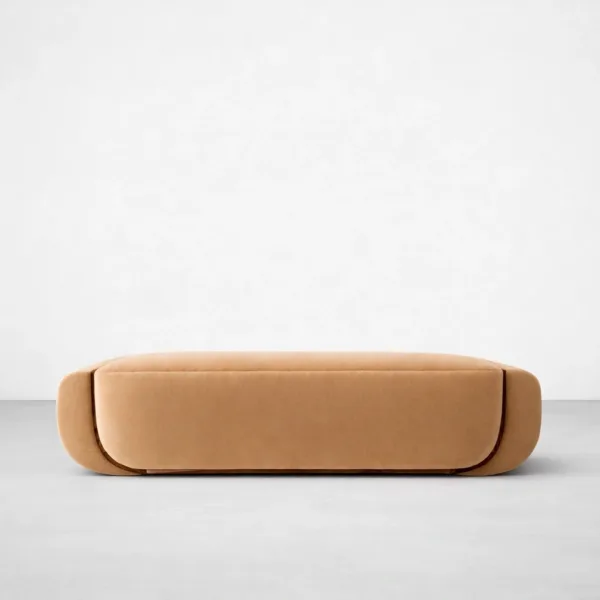 Mustard lounge sofa back view showing rounded shape and smooth upholstery by INTERIORZE