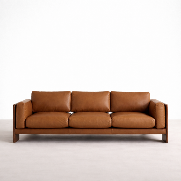 Brown leather sofa 3 seater with teakwood frame INTERIORZE Teakwood Frame front view