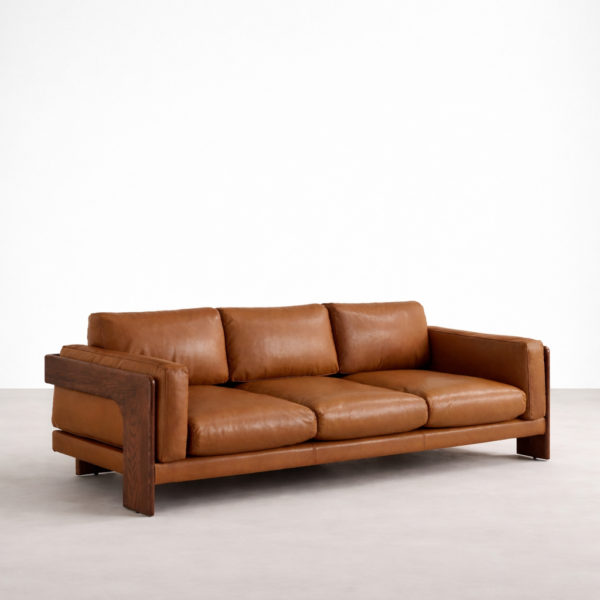 Saddle brown leather sofa with teakwood frame angled view INTERIORZE Teakwood Frame