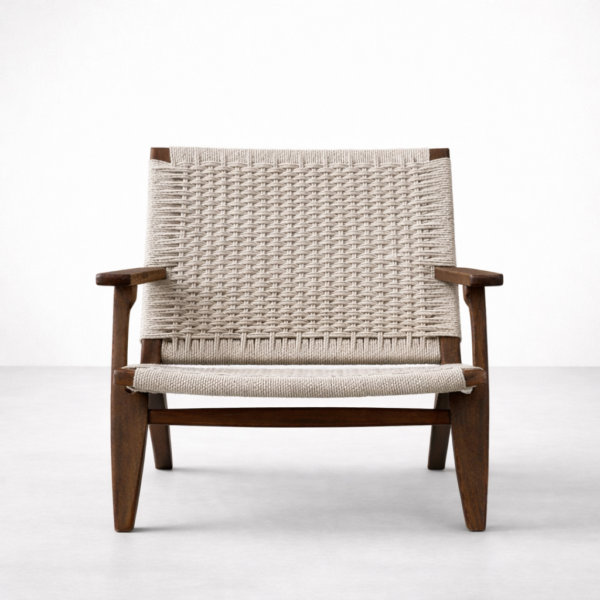 : Angled view of INTERIORZE woven wooden lounge chair with teak frame and woven rope