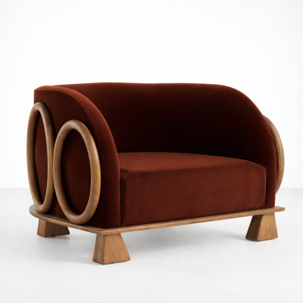 Angled view of ash wood ring lounge chair with rust velvet seat and wood base