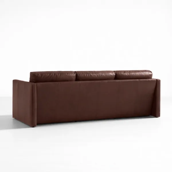 Back view of INTERIORZE brown leather sofa with clean panel detailing