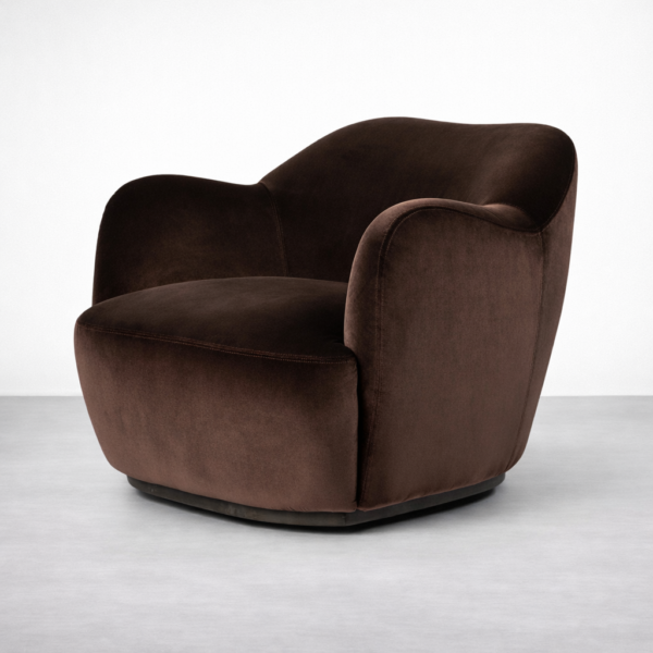 brown velvet accent chair angle view with rounded arms