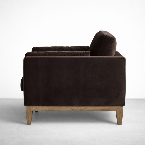 teak wood velvet armchair side view upholstered arms