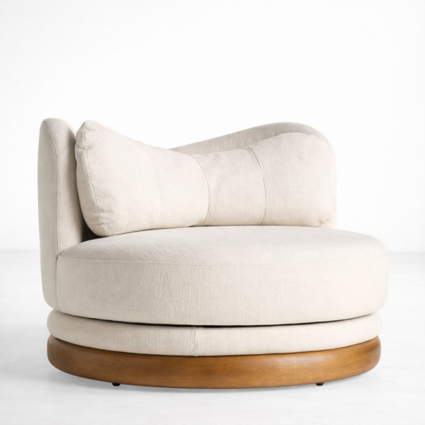 INTERIORZE beige round swivel lounge chair with teakwood base