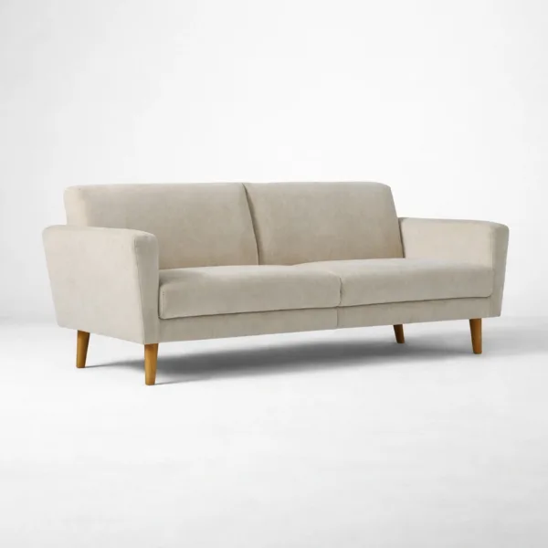 Ivory beige 3 seater sofa angle view with wooden legs INTERIORZE Elara