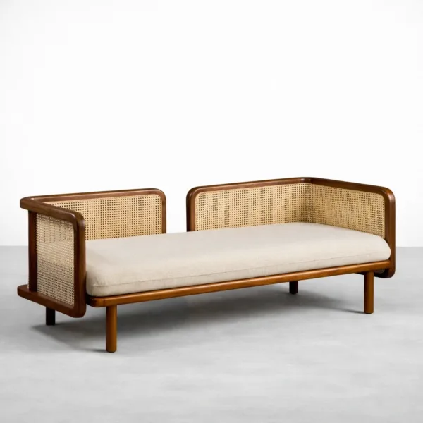Teakwood cane daybed sofa angled view showing beige upholstery and cane side panels