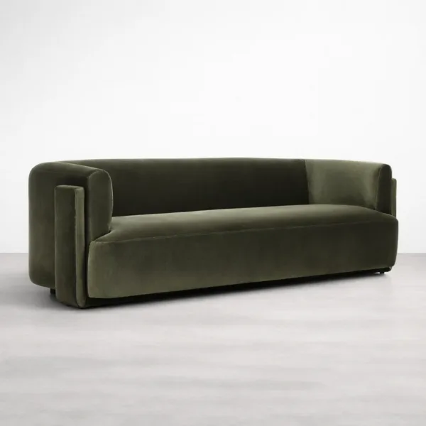 teakwood frame sofa in olive green velvet front angled view