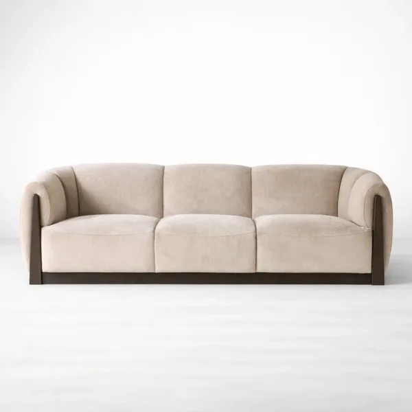 Beige velvet sofa straight front view teakwood base 3 seater INTERIORZE Teakcrest