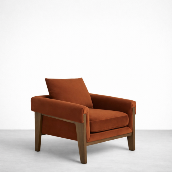 teak wood upholstered lounge chair in rust velvet angle view