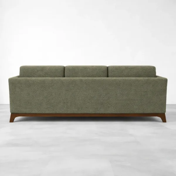 Olive green 3 seater sofa back view with teakwood base INTERIORZE Arbour