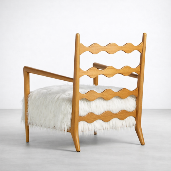 Back view of lounge chair with ash wood wave ladder back and faux fur seat