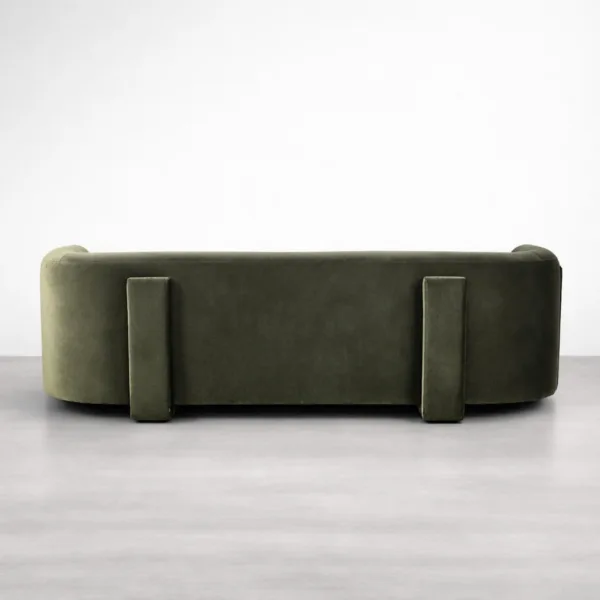teakwood frame sofa back view with rounded arms