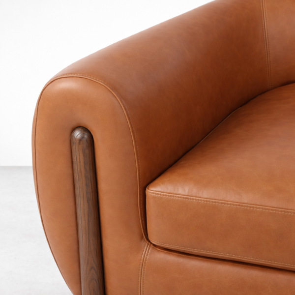 tan leather armchair upholstery detail tan leather finish stitching